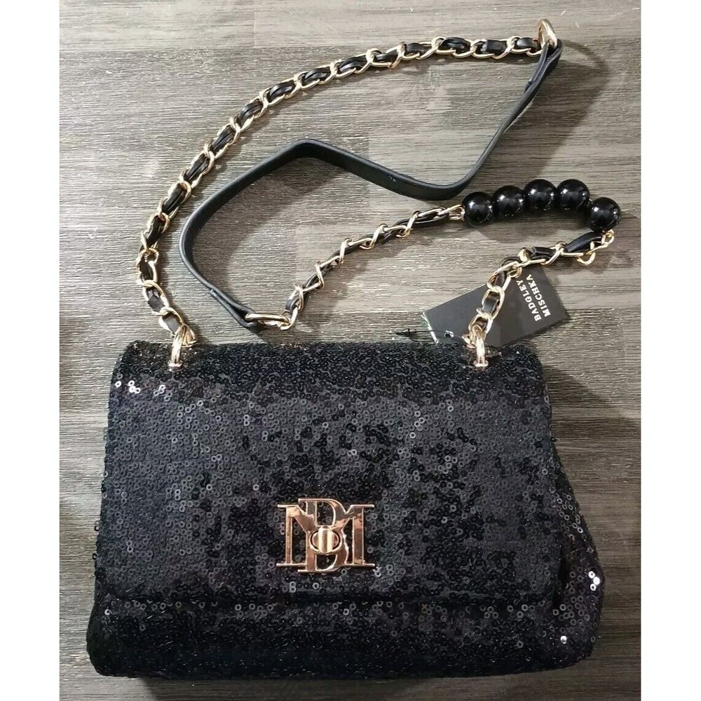 Badgley Mischka Black Sequin Gold Chain Beaded Crossbody Purse Bag